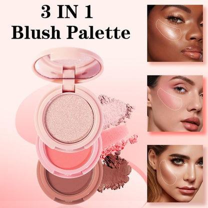 3 in1 Face Blusher + Highlighter with Mini Compact Travel Friendly Palette